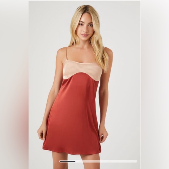 Brick And Faded Pink Satin Color Block Mini Dress Forever 21 Size S - Picture 4 of 8